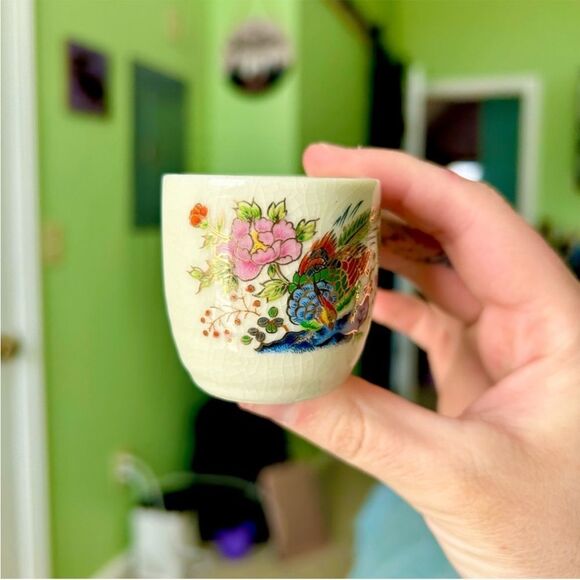 Oriental Vintage Rustic Retro Floral Bird Mini Cup Mug Collectible Set of 3 - Picture 3 of 11